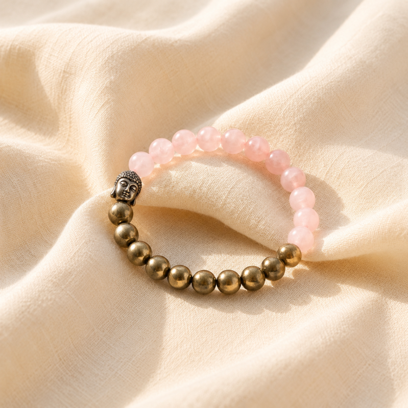 Premium Rose Quartz & Pyrite Crystal Bracelet with Buddha Charm | Natural Healing Crystal Bracelet