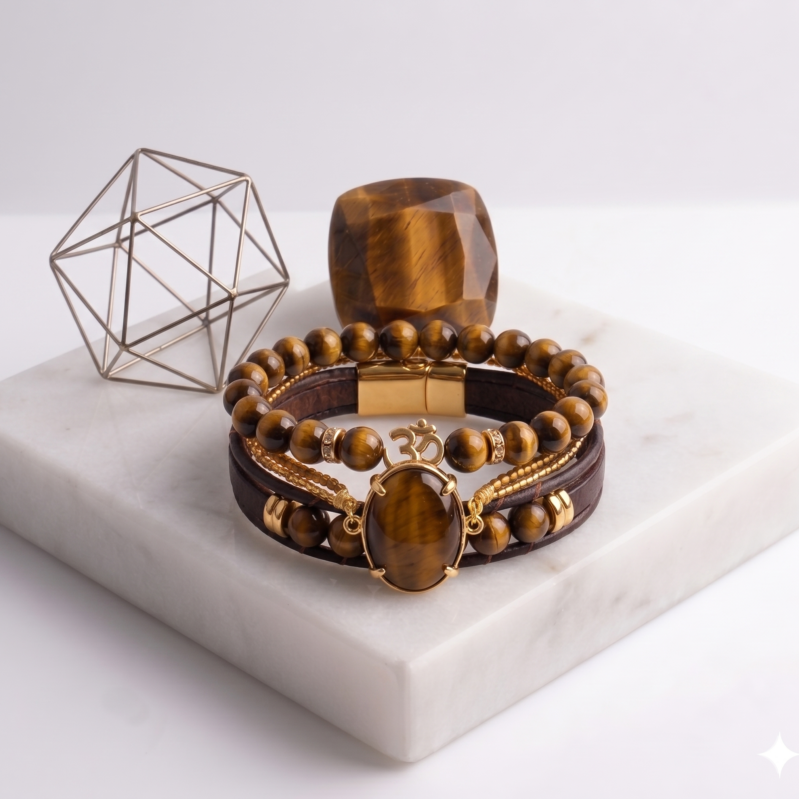 Luxury Multi-Layer Natural Tiger’s Eye Bracelet with Sacred Om Charm
