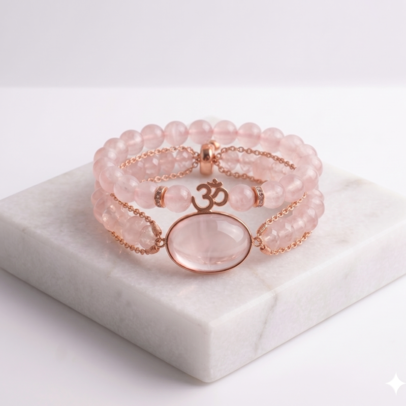 Luxury Multi-Layer Natural Rose Quartz Bracelet with Rose Gold Om Charm